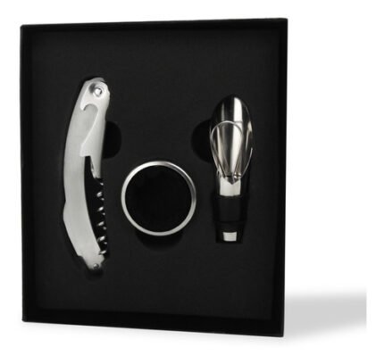 Set Kit De Vino 3 Piezas En Caja De Regalo Cartón Negro
