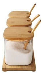 Set X 3 Frascos Vidrio Con Cuchara Tapa Base Bambú Otten Marrón Claro - Imagen 3