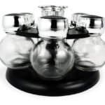 Set Especiero Giratorio 6 Frascos Vidrio Con Tapa Plástico Negro