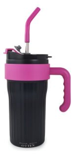 Vaso Térmico Acero C/ Manija Y Sorbete Otten 860 Ml Negro/rosa