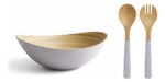 Bowl Ensaladera Irregular Bambu C/ Utensilios Carol 28x26 Cm Blanco