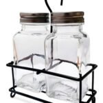 Set Salero Pimentero Vidrio Transparente Soporte Acero Cr 9cm