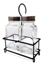 Set Salero Pimentero Vidrio Transparente Soporte Acero Cr 9cm