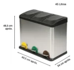 Tacho Contenedor Basura Triple Acero Con Pedal Otten 45 Lts Plateado - Imagen 2