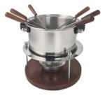 Set Fondue Acero Inoxidable Madera Y Cuero 6 Personas Nativa Plateado